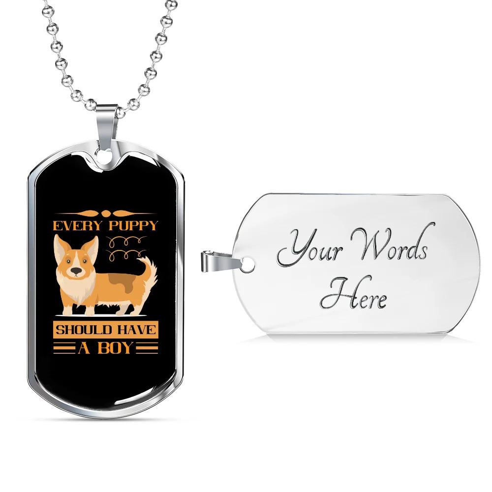 Puppy Boy Orange Personalized Engraved Silver Dog Tag Necklace Custom Name Date